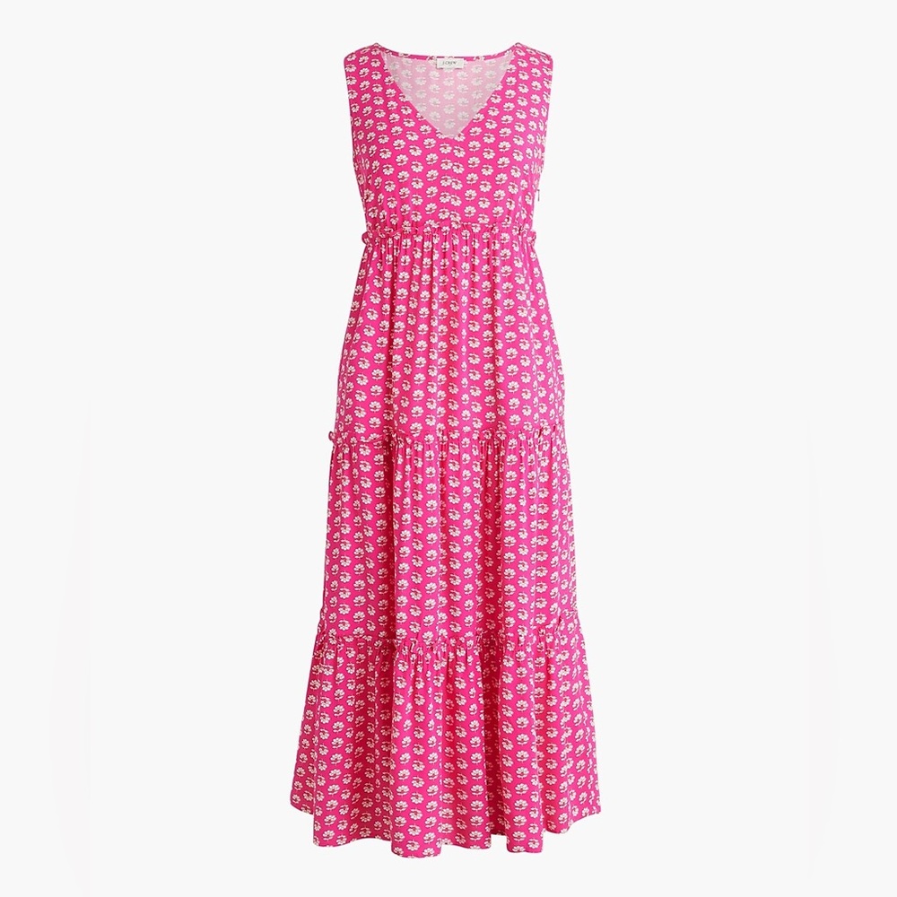 J. CREW Factory NWOT V-Neck Tiered Midi Dress, Pink/White, Relaxed Fit, Size 4